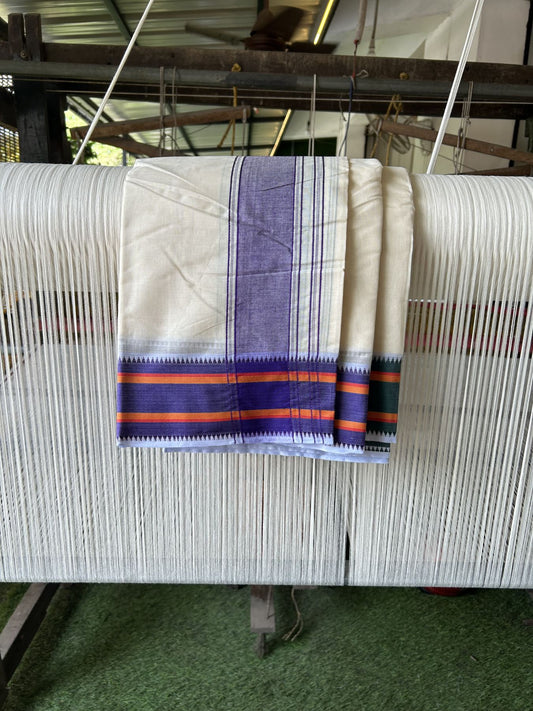Panchakacham Dhoti - 20% Discount! KaithariKada 100% Cotton Off White - (Unbleached) - Pure Cotton -100x100 thread - North Indian - Attached Gamcha 9X5 Dhoti Violet Green kara with Green Orange & Violet Striped border - 13 KK5325 PMC
