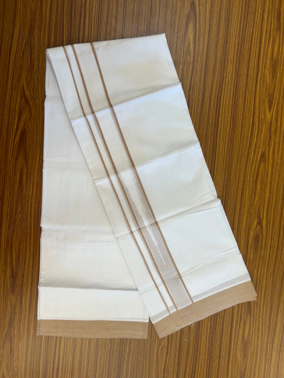 20% Discount ! Kaitharikada Balaramapuram 100% Pure Cotton Double Pure White Mundu/Dhoti - 100x80 - 1.75 inch Sand Brown striped chutty 3.90 mtr (8.5 muzham) - 71 KK5287 PMC