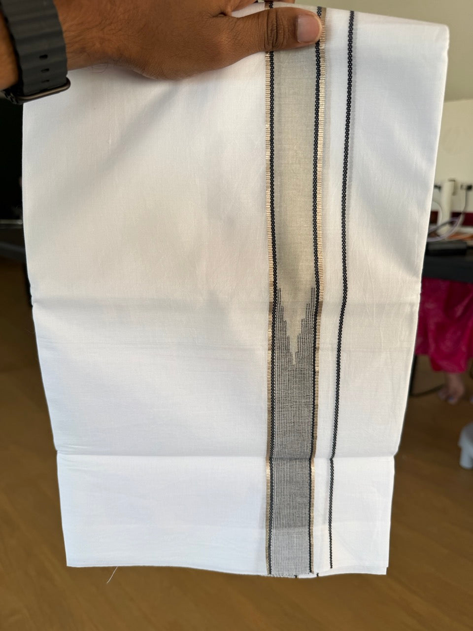 Double Pure White Mundu/Dhoti - 20% Discount !! KaithariKada Balaramapuram 100% Cotton - 100x80 - 1.25 inch Light Grey & Black Silver Kasav Chutty Kara 3.80 mtr (8 muzham) - 6 KK5505 VAS