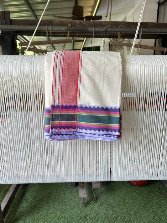 Panchakacham Dhoti - 20% Discount! KaithariKada 100% Cotton Off White - (Unbleached) - Pure Cotton -100x100 thread - North Indian - Attached Gamcha 9X5 Dhoti Violet Red kara with Green Pink & Violet Striped border - 14 KK5325 PMC