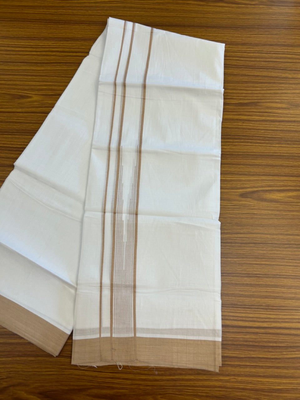 20% Discount ! Kaitharikada Balaramapuram 100% Pure Cotton Double Pure White Mundu/Dhoti - 100x80 - 1.75 inch Sand Brown striped chutty 3.90 mtr (8.5 muzham) - 71 KK5287 PMC
