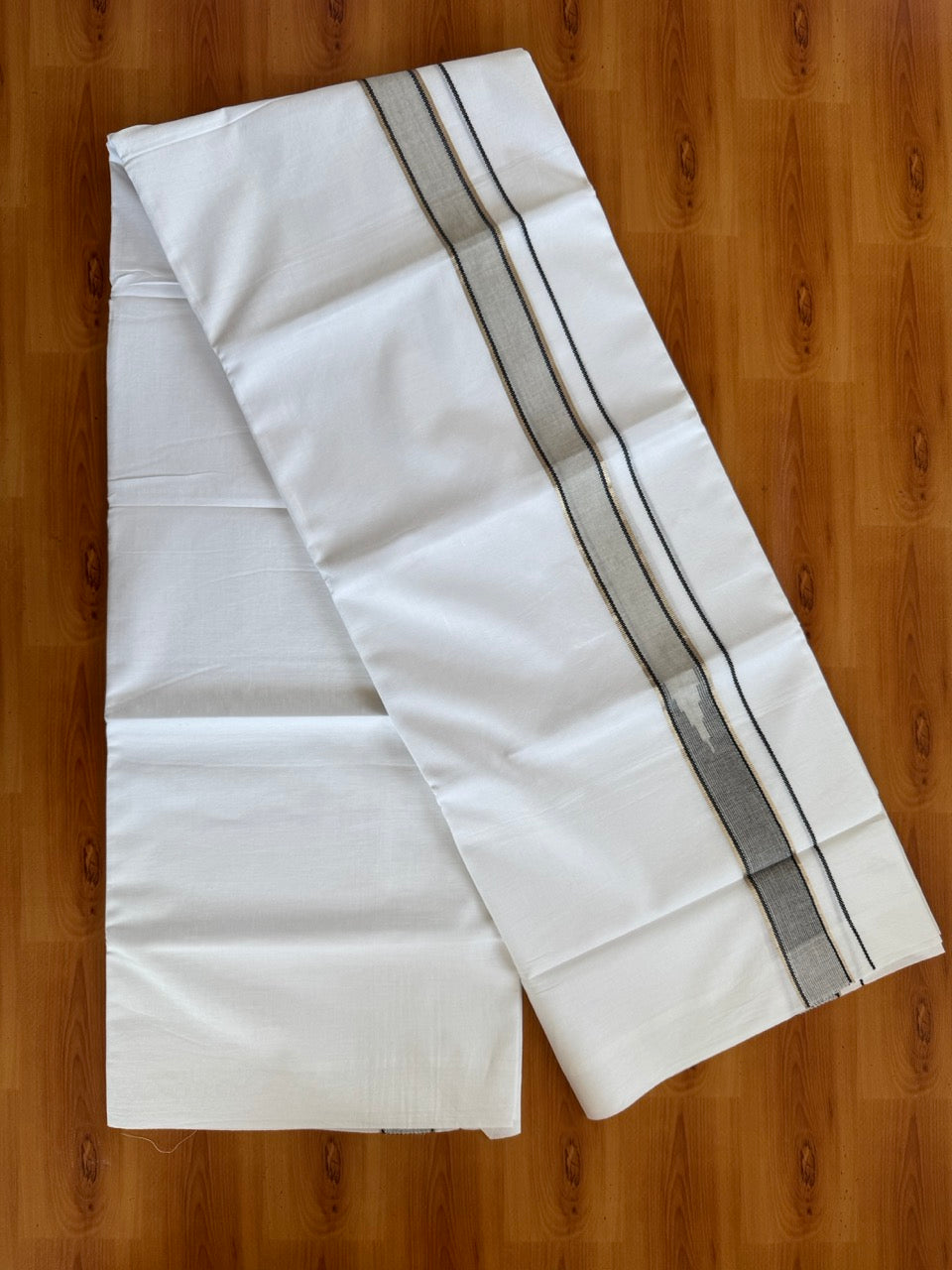 Double Pure White Mundu/Dhoti - 20% Discount !! KaithariKada Balaramapuram 100% Cotton - 100x80 - 1.25 inch Light Grey & Black Silver Kasav Chutty Kara 3.80 mtr (8 muzham) - 6 KK5505 VAS