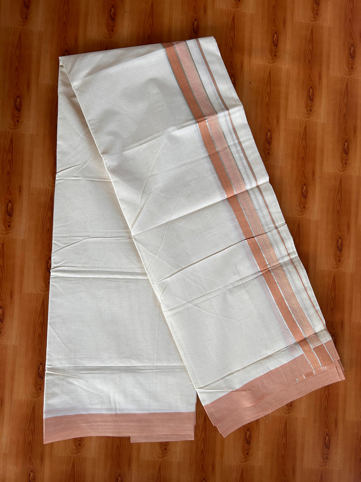 Double Off White (Unbleached) Mundu/Dhoti - 20% Discount! Kaitharikada 100% Pure Cotton - 100x80 - 1.5 inch Silver Kasav & Pale Orange striped shaded Kara 4 mtr (8.5 muzham) - 30 KK5540 PMC