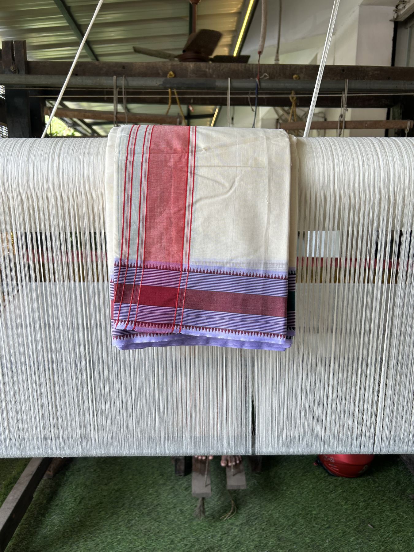 Panchakacham Dhoti - 20% Discount! KaithariKada 100% Cotton Off White - (Unbleached) - Pure Cotton -100x100 thread - North Indian - Attached Gamcha 9X5 Dhoti Green Red kara with Brown Green & Lavender Striped border - 15 KK5325 PMC