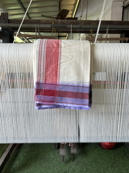 Panchakacham Dhoti - 20% Discount! KaithariKada 100% Cotton Off White - (Unbleached) - Pure Cotton -100x100 thread - North Indian - Attached Gamcha 9X5 Dhoti Green Red kara with Brown Green & Lavender Striped border - 15 KK5325 PMC