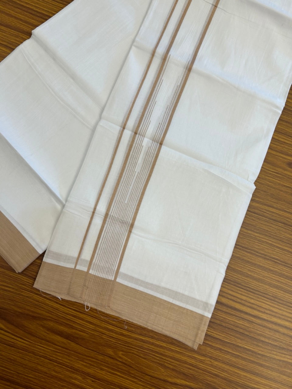 20% Discount ! Kaitharikada Balaramapuram 100% Pure Cotton Double Pure White Mundu/Dhoti - 100x80 - 1.75 inch Sand Brown striped chutty 3.90 mtr (8.5 muzham) - 71 KK5287 PMC