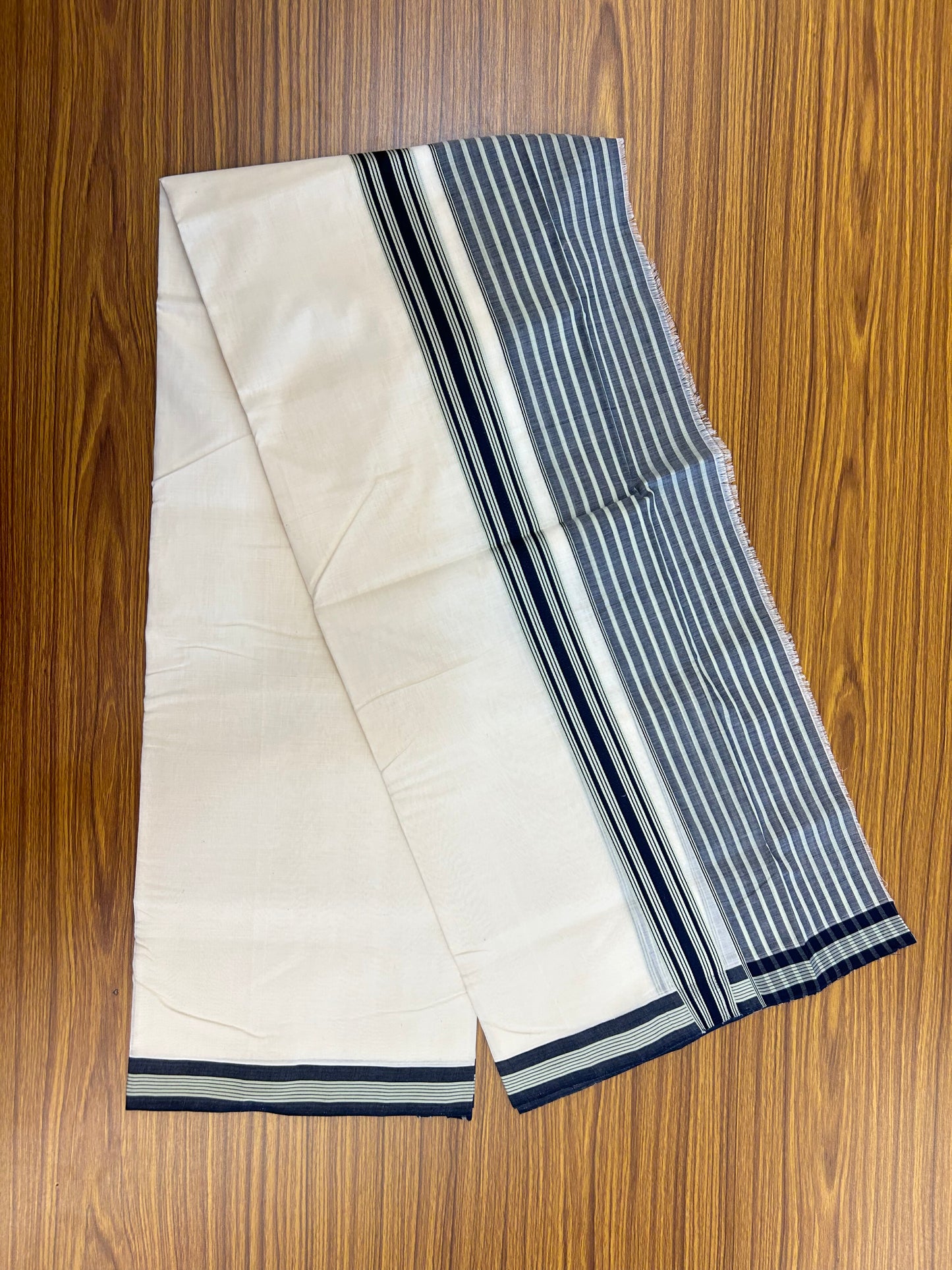 25% Discount!! KaithariKada Handloom Unakkupaav - Kerala Handloom - 100% Pure Cotton Off White (Unbleached) Double Mundu/Dothi - 100x80 - 4.5 inch Navy Blue & Pastel Green Stripes Kara 3.80 mtr (8 muzham) - 21 KK5353 REA