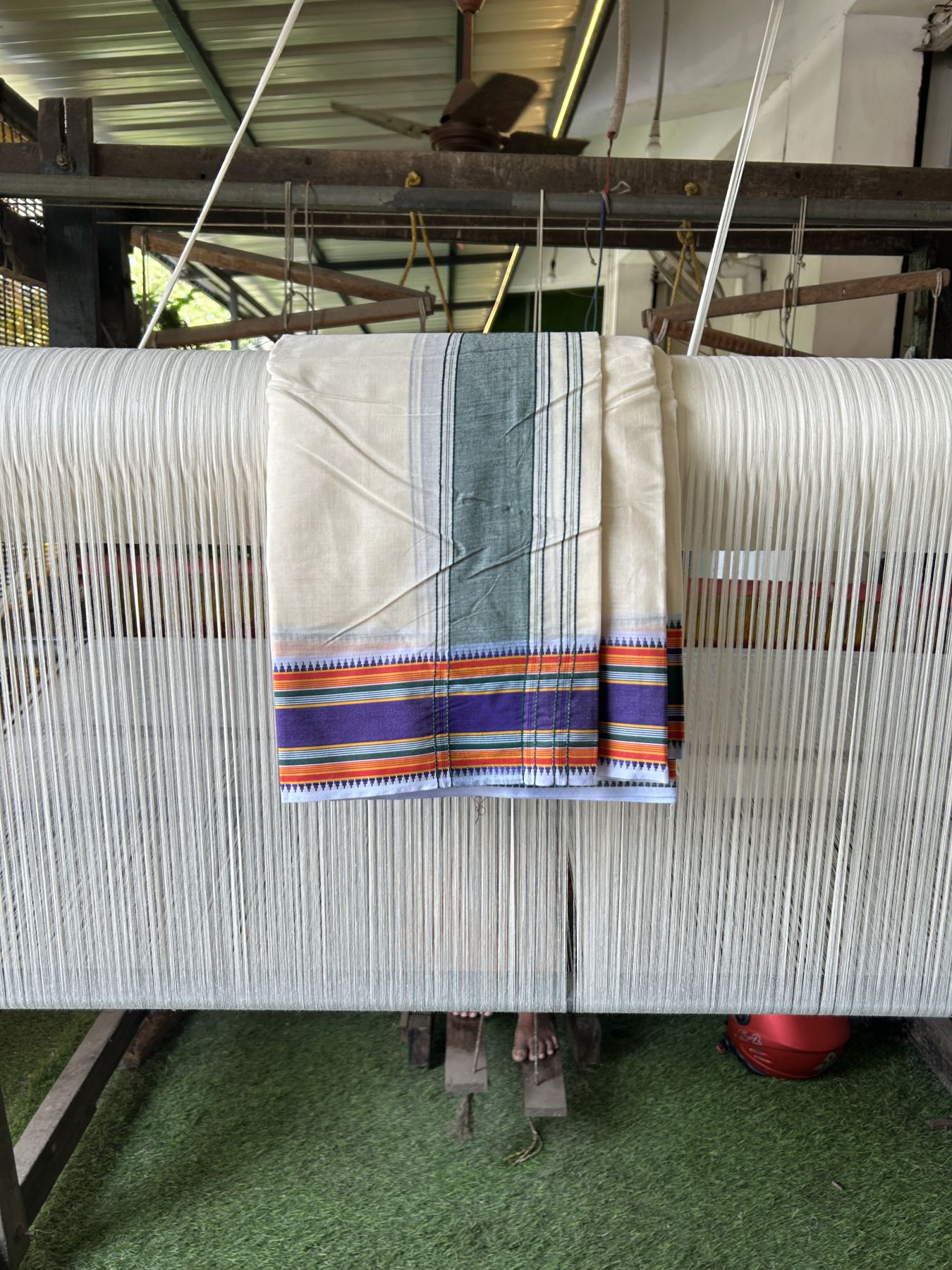 Panchakacham Dhoti - 20% Discount! KaithariKada 100% Cotton Off White - (Unbleached) - Pure Cotton -100x100 thread - North Indian - Attached Gamcha 9X5 Dhoti Green Violet kara with Green Red & Violet Striped border - 16 KK5325 PMC