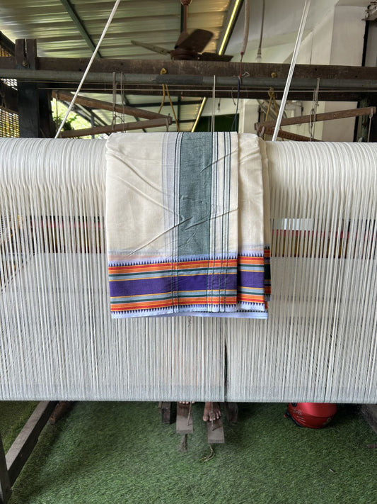 Panchakacham Dhoti - 20% Discount! KaithariKada 100% Cotton Off White - (Unbleached) - Pure Cotton -100x100 thread - North Indian - Attached Gamcha 9X5 Dhoti Green Violet kara with Green Red & Violet Striped border - 16 KK5325 PMC