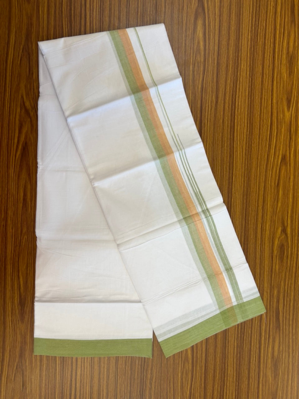 20% Discount ! Kaitharikada Balaramapuram 100% Pure Cotton Double Pure White Mundu/Dhoti - 100x80 - 1.5 inch Light Orange & Light Apple Green shaded chutty 3.90 mtr (8.5 muzham) - 89 KK5287 PMC