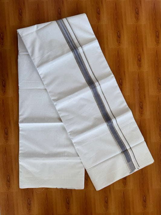 Double Pure White Mundu/Dhoti - 20% Discount !! KaithariKada Balaramapuram 100% Cotton - 100x80 - 1 Inch Puliyilakkara Silver Kasav & Navy Blue Striped Chutty Kara 3.90 mtr (8 muzham) - 1 KK5504 VAS