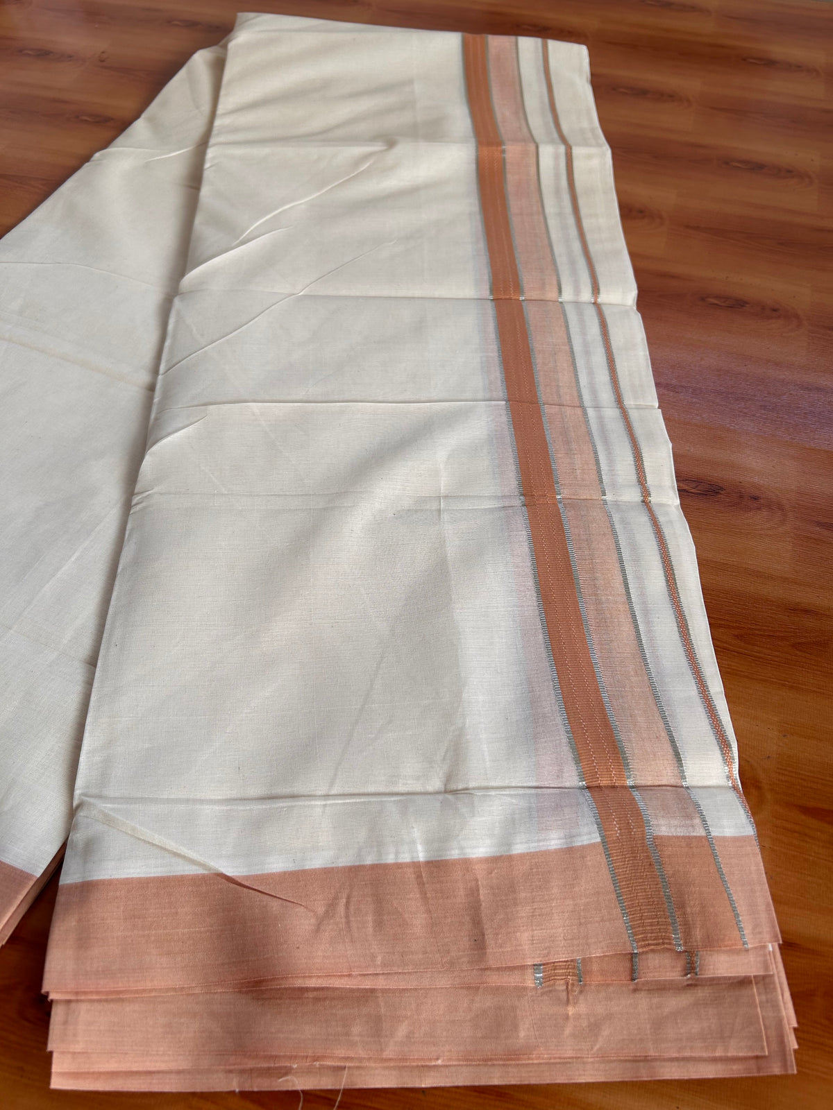 Double Off White (Unbleached) Mundu/Dhoti - 20% Discount! Kaitharikada 100% Pure Cotton - 100x80 - 1.5 inch Silver Kasav & Pale Orange striped shaded Kara 4 mtr (8.5 muzham) - 30 KK5540 PMC