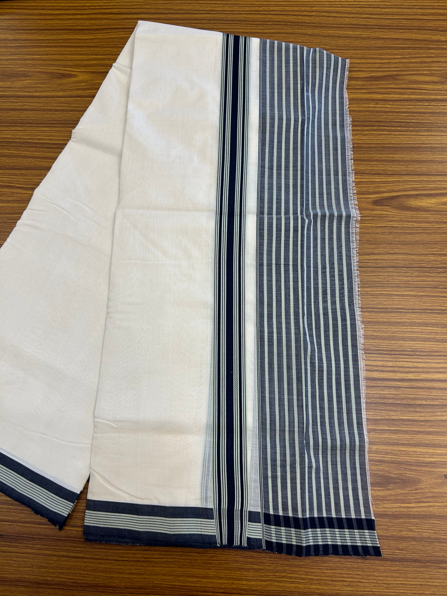 25% Discount!! KaithariKada Handloom Unakkupaav - Kerala Handloom - 100% Pure Cotton Off White (Unbleached) Double Mundu/Dothi - 100x80 - 4.5 inch Navy Blue & Pastel Green Stripes Kara 3.80 mtr (8 muzham) - 21 KK5353 REA