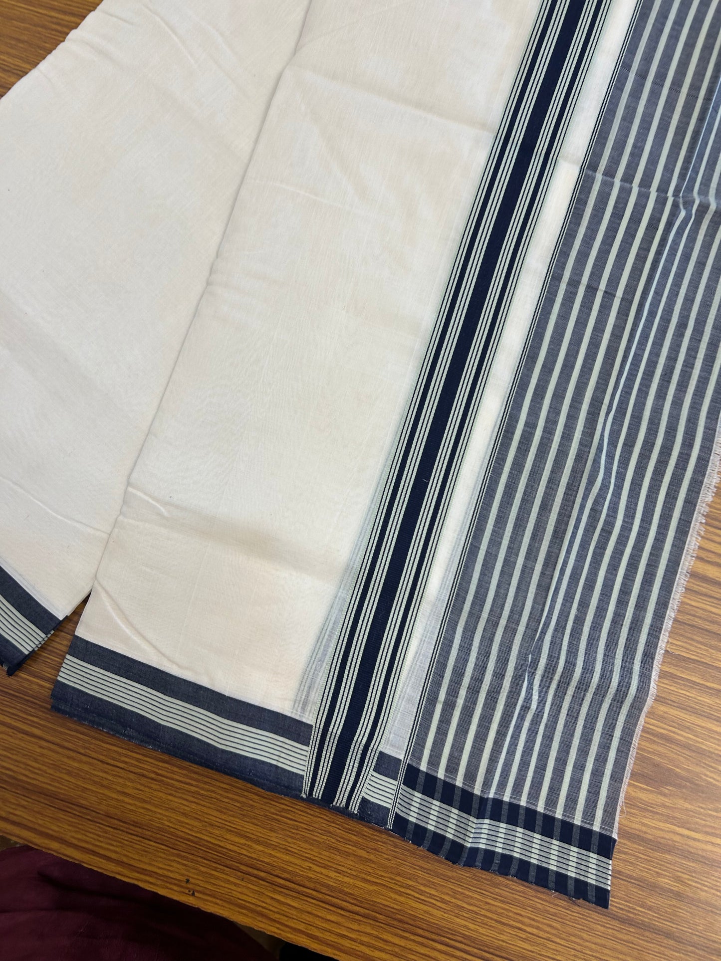 25% Discount!! KaithariKada Handloom Unakkupaav - Kerala Handloom - 100% Pure Cotton Off White (Unbleached) Double Mundu/Dothi - 100x80 - 4.5 inch Navy Blue & Pastel Green Stripes Kara 3.80 mtr (8 muzham) - 21 KK5353 REA
