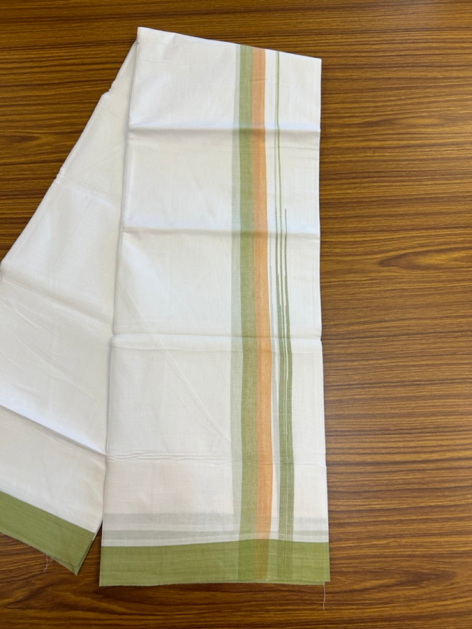 20% Discount ! Kaitharikada Balaramapuram 100% Pure Cotton Double Pure White Mundu/Dhoti - 100x80 - 1.5 inch Light Orange & Light Apple Green shaded chutty 3.90 mtr (8.5 muzham) - 89 KK5287 PMC