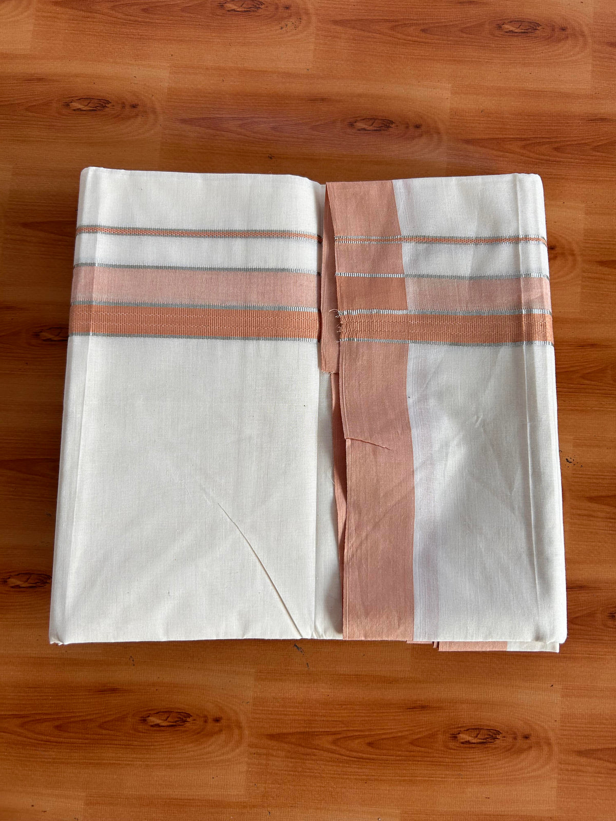 Double Off White (Unbleached) Mundu/Dhoti - 20% Discount! Kaitharikada 100% Pure Cotton - 100x80 - 1.5 inch Silver Kasav & Pale Orange striped shaded Kara 4 mtr (8.5 muzham) - 30 KK5540 PMC