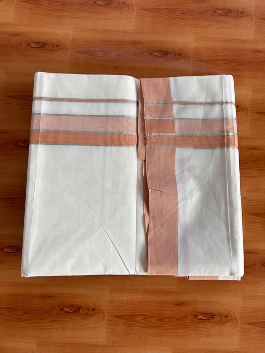 Double Off White (Unbleached) Mundu/Dhoti - 20% Discount! Kaitharikada 100% Pure Cotton - 100x80 - 1.5 inch Silver Kasav & Pale Orange striped shaded Kara 4 mtr (8.5 muzham) - 30 KK5540 PMC