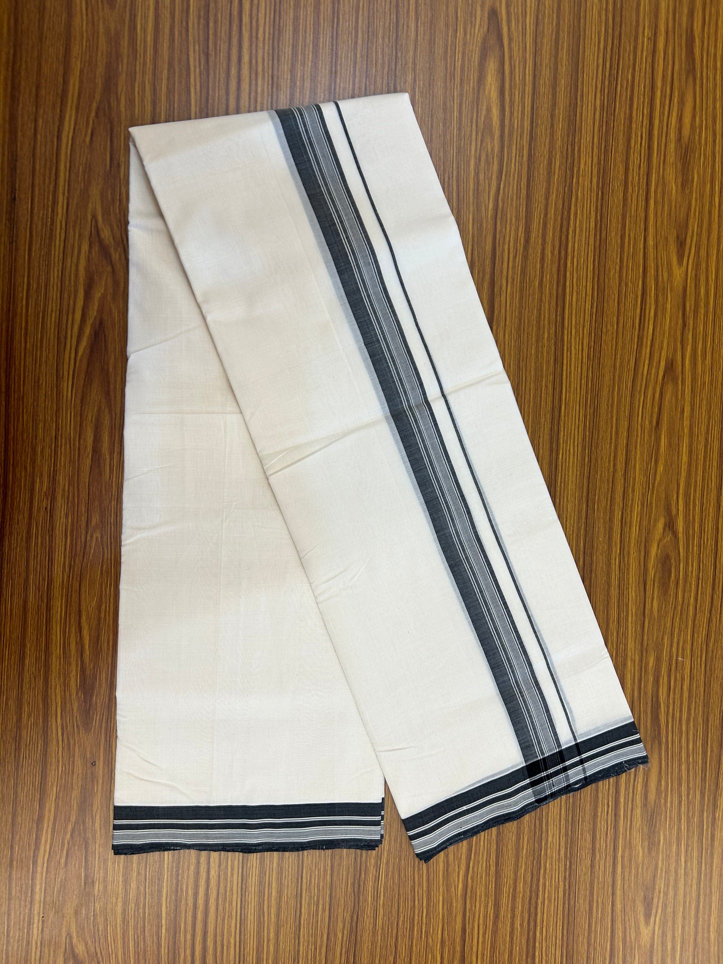 25% Discount!! KaithariKada Handloom Unakkupaav - Kerala Handloom - 100% Pure Cotton Off White (Unbleached) Double Mundu/Dothi - 100x80 - 1.5 inch Black shaded Stripes Kara 3.80 mtr (8 muzham) - 28 KK5353 REA