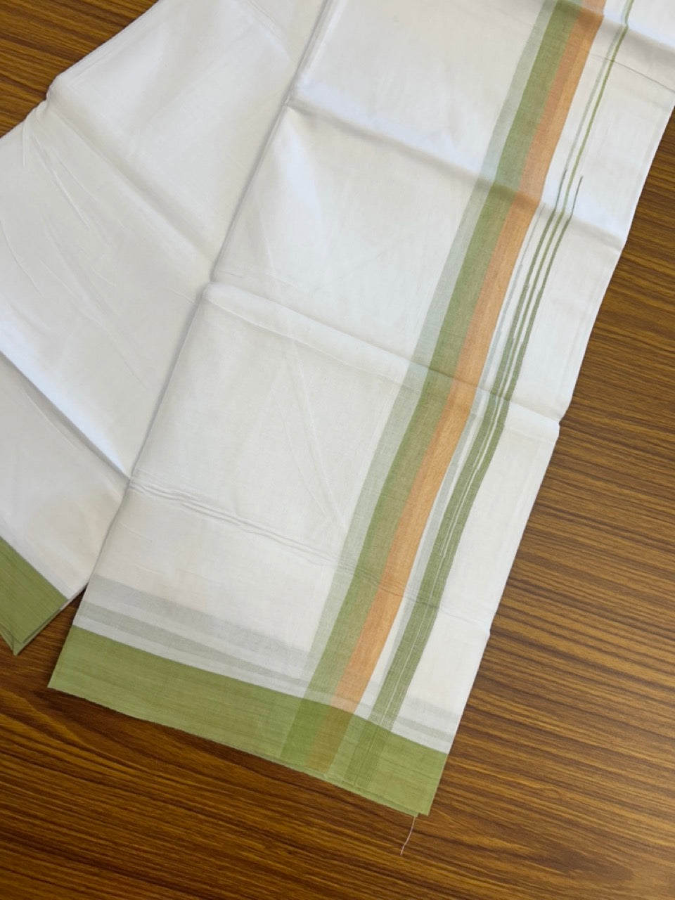 20% Discount ! Kaitharikada Balaramapuram 100% Pure Cotton Double Pure White Mundu/Dhoti - 100x80 - 1.5 inch Light Orange & Light Apple Green shaded chutty 3.90 mtr (8.5 muzham) - 89 KK5287 PMC