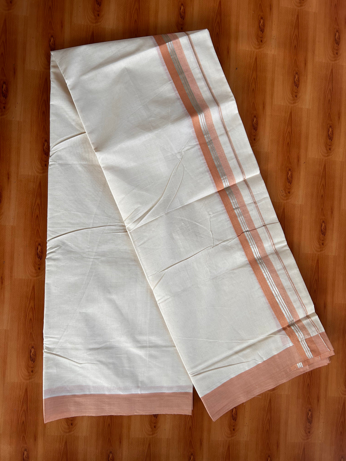 Double Off White (Unbleached) Mundu/Dhoti - 20% Discount! Kaitharikada 100% Pure Cotton - 100x80 - 1.5 inch Silver Kasav & Pale Orange striped shaded Kara 4 mtr (8.5 muzham) - 32 KK5540 PMC