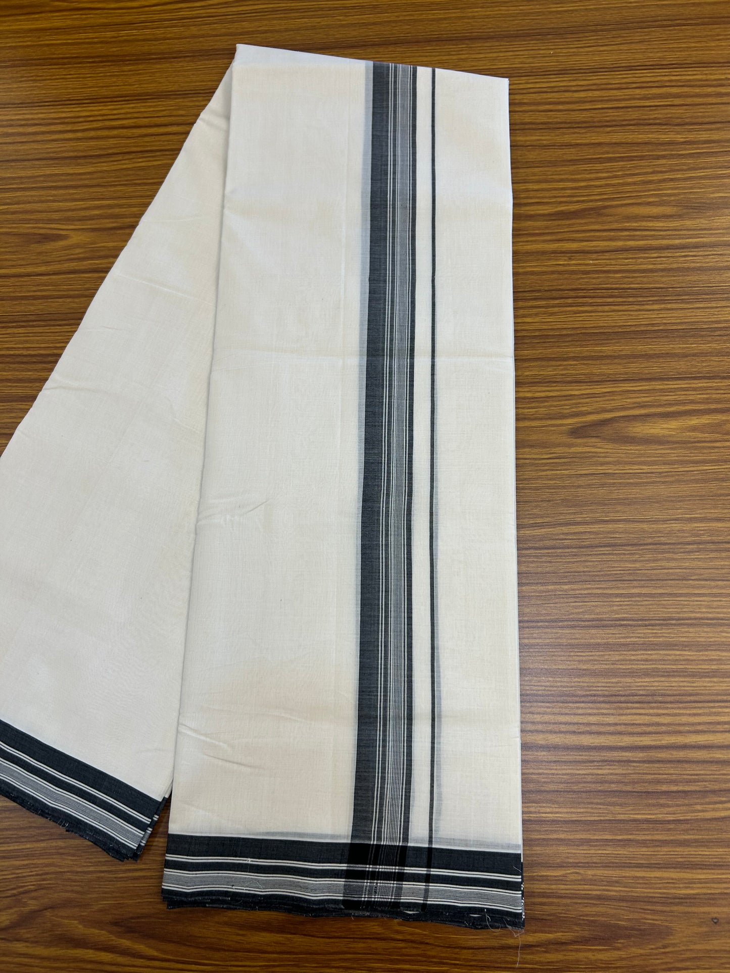 25% Discount!! KaithariKada Handloom Unakkupaav - Kerala Handloom - 100% Pure Cotton Off White (Unbleached) Double Mundu/Dothi - 100x80 - 1.5 inch Black shaded Stripes Kara 3.80 mtr (8 muzham) - 28 KK5353 REA