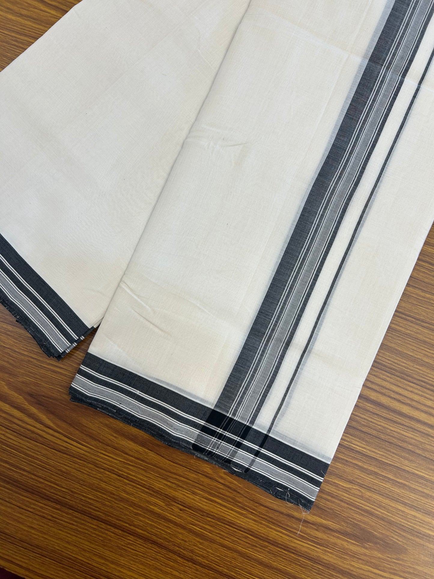 25% Discount!! KaithariKada Handloom Unakkupaav - Kerala Handloom - 100% Pure Cotton Off White (Unbleached) Double Mundu/Dothi - 100x80 - 1.5 inch Black shaded Stripes Kara 3.80 mtr (8 muzham) - 28 KK5353 REA