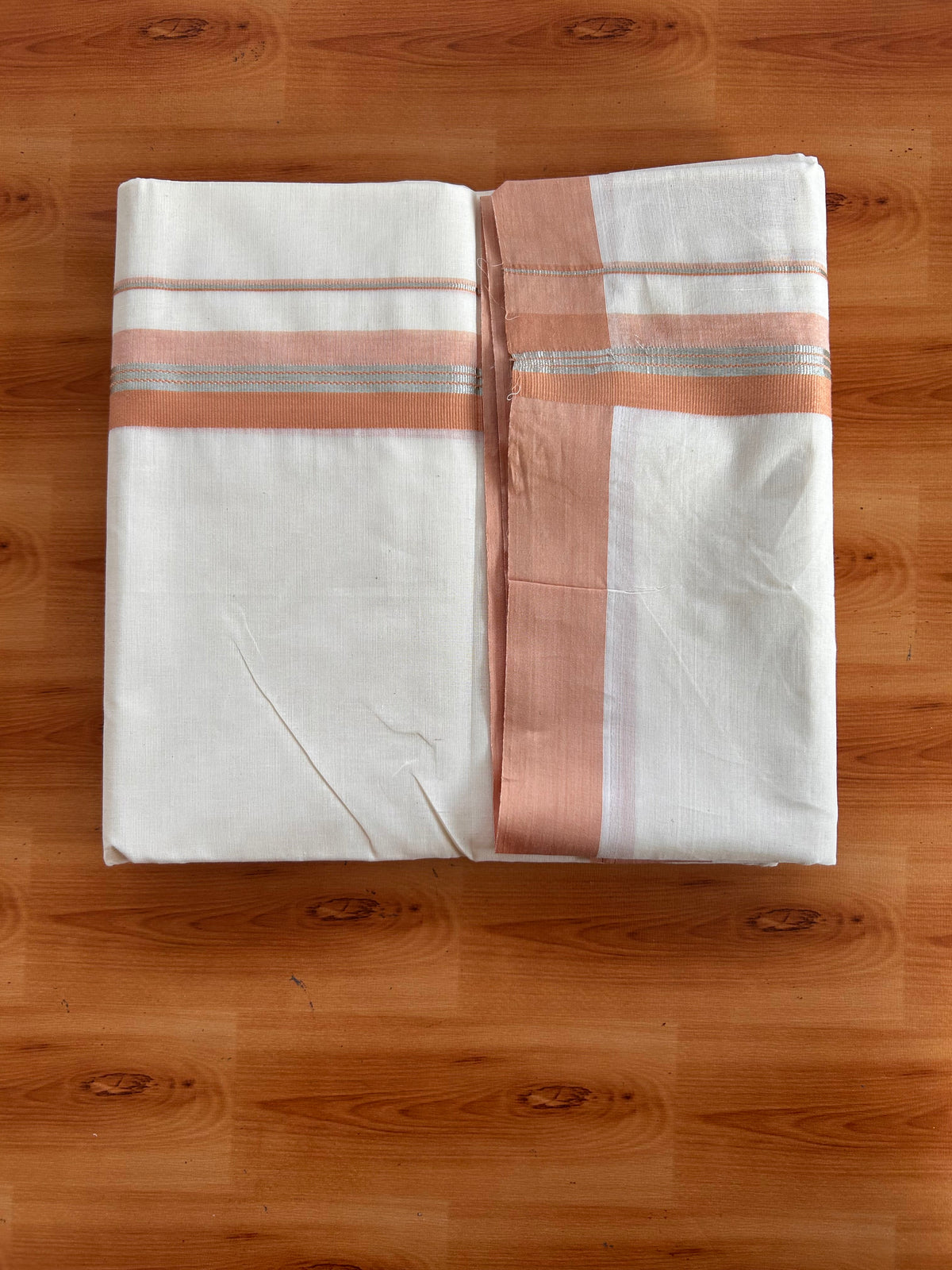 Double Off White (Unbleached) Mundu/Dhoti - 20% Discount! Kaitharikada 100% Pure Cotton - 100x80 - 1.5 inch Silver Kasav & Pale Orange striped shaded Kara 4 mtr (8.5 muzham) - 32 KK5540 PMC