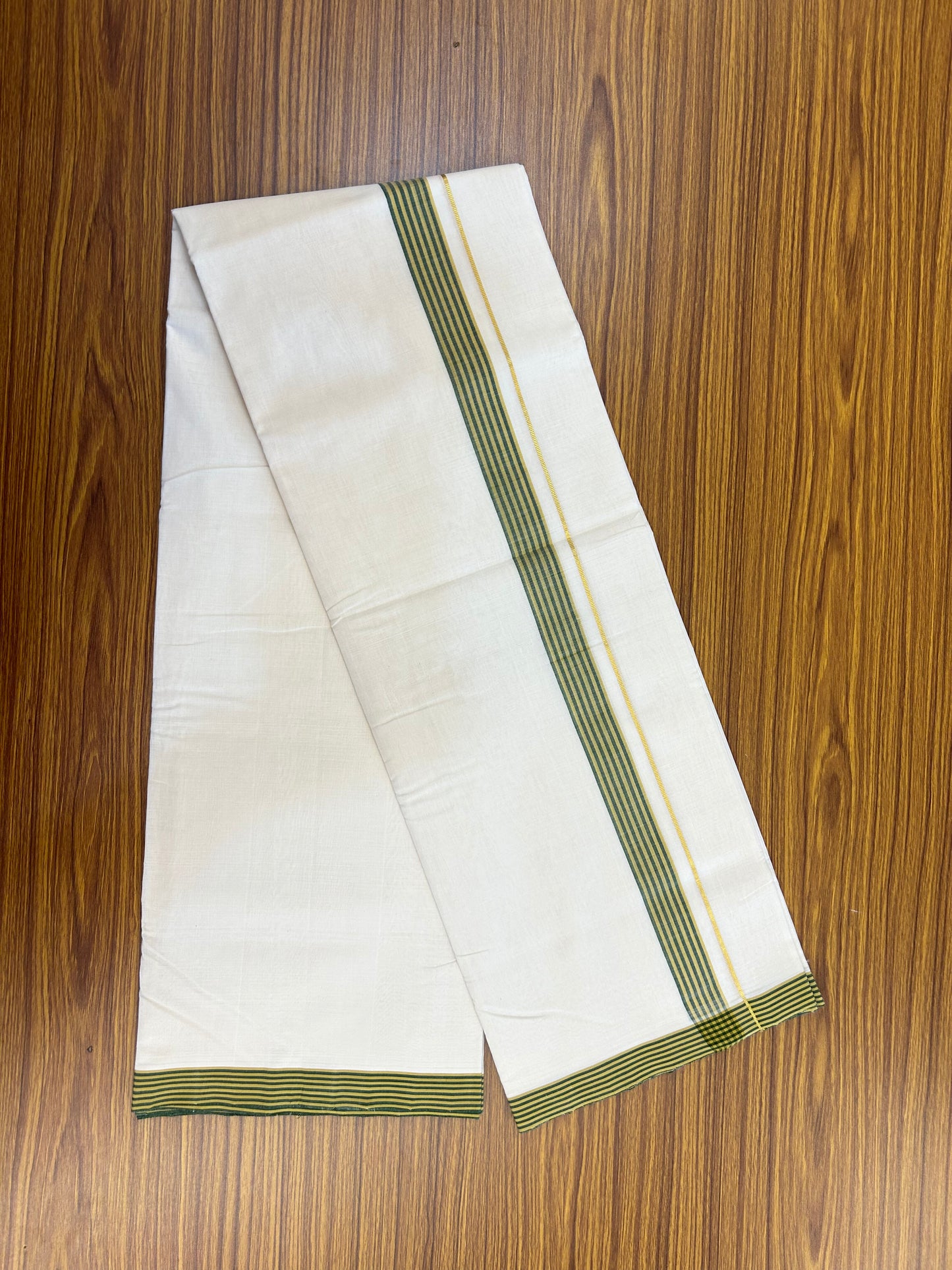 25% Discount!! KaithariKada Handloom Unakkupaav - Kerala Handloom - 100% Pure Cotton Off White (Unbleached) Double Mundu/Dothi - 100x80 - 1.25 inch Pure Jerry Gold Kasav Mustard Yellow & Green shaded Stripes Kara 3.80 mtr (8 muzham) - 34 KK5353 REA