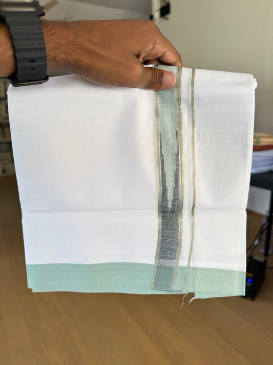 Double Pure White Mundu/Dhoti - 20% Discount !! KaithariKada Balaramapuram 100% Cotton - 100x80 - 1 inch Mint Green Shaded & Black Silver Kasav Chutty Kara 3.80 mtr (8 muzham) - 12 KK5505 VAS