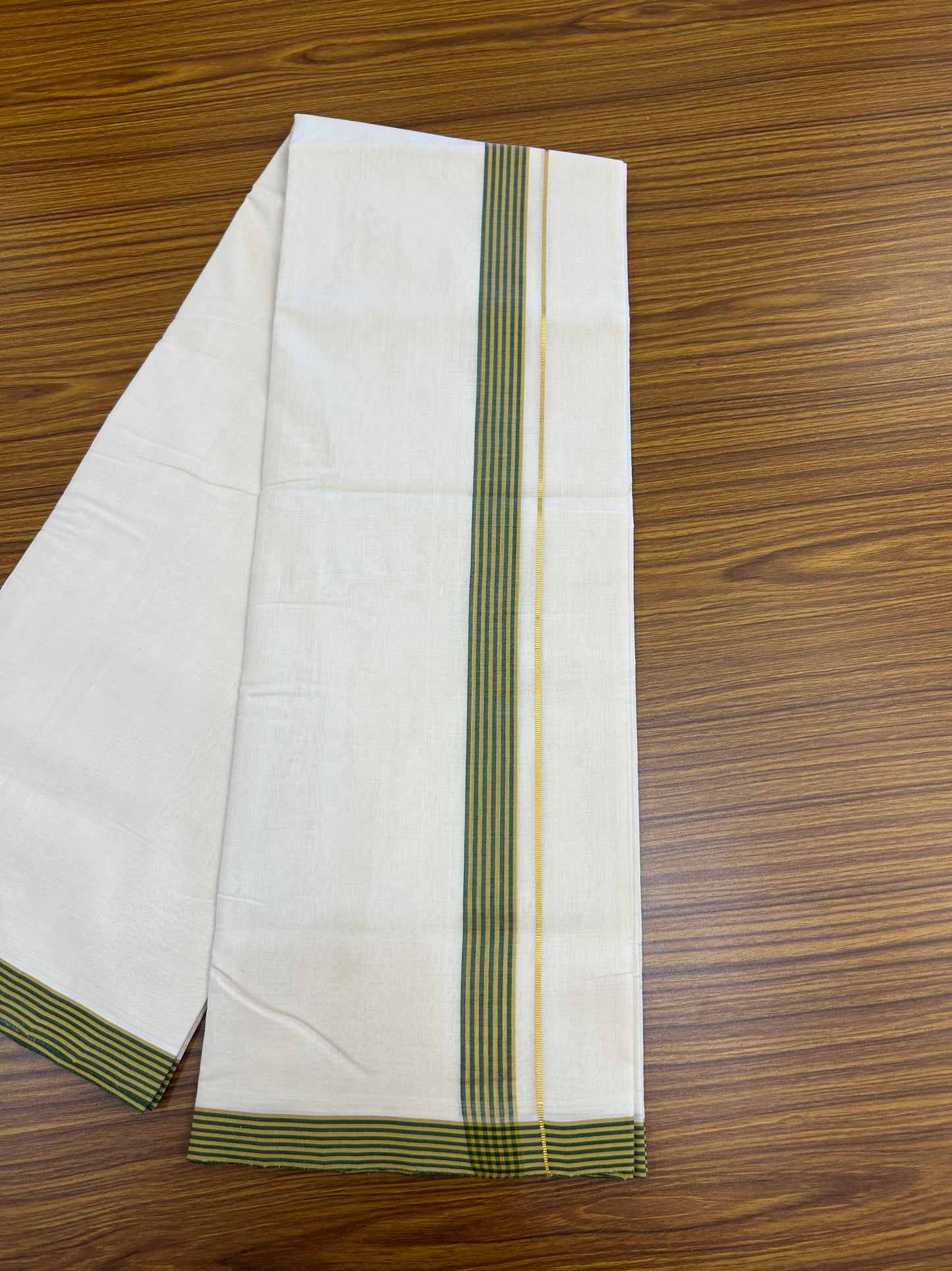 25% Discount!! KaithariKada Handloom Unakkupaav - Kerala Handloom - 100% Pure Cotton Off White (Unbleached) Double Mundu/Dothi - 100x80 - 1.25 inch Pure Jerry Gold Kasav Mustard Yellow & Green shaded Stripes Kara 3.80 mtr (8 muzham) - 34 KK5353 REA