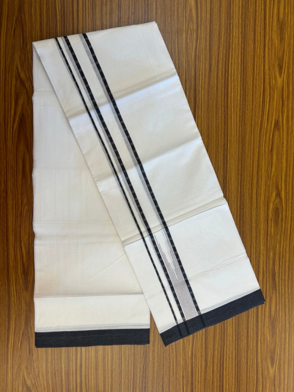 20% Discount ! Kaitharikada Balaramapuram 100% Pure Cotton Double Pure White Mundu/Dhoti - 100x80 - 1.5 inch Black & Multi colour striped chutty 3.90 mtr (8.5 muzham) - 73 KK5287 PMC