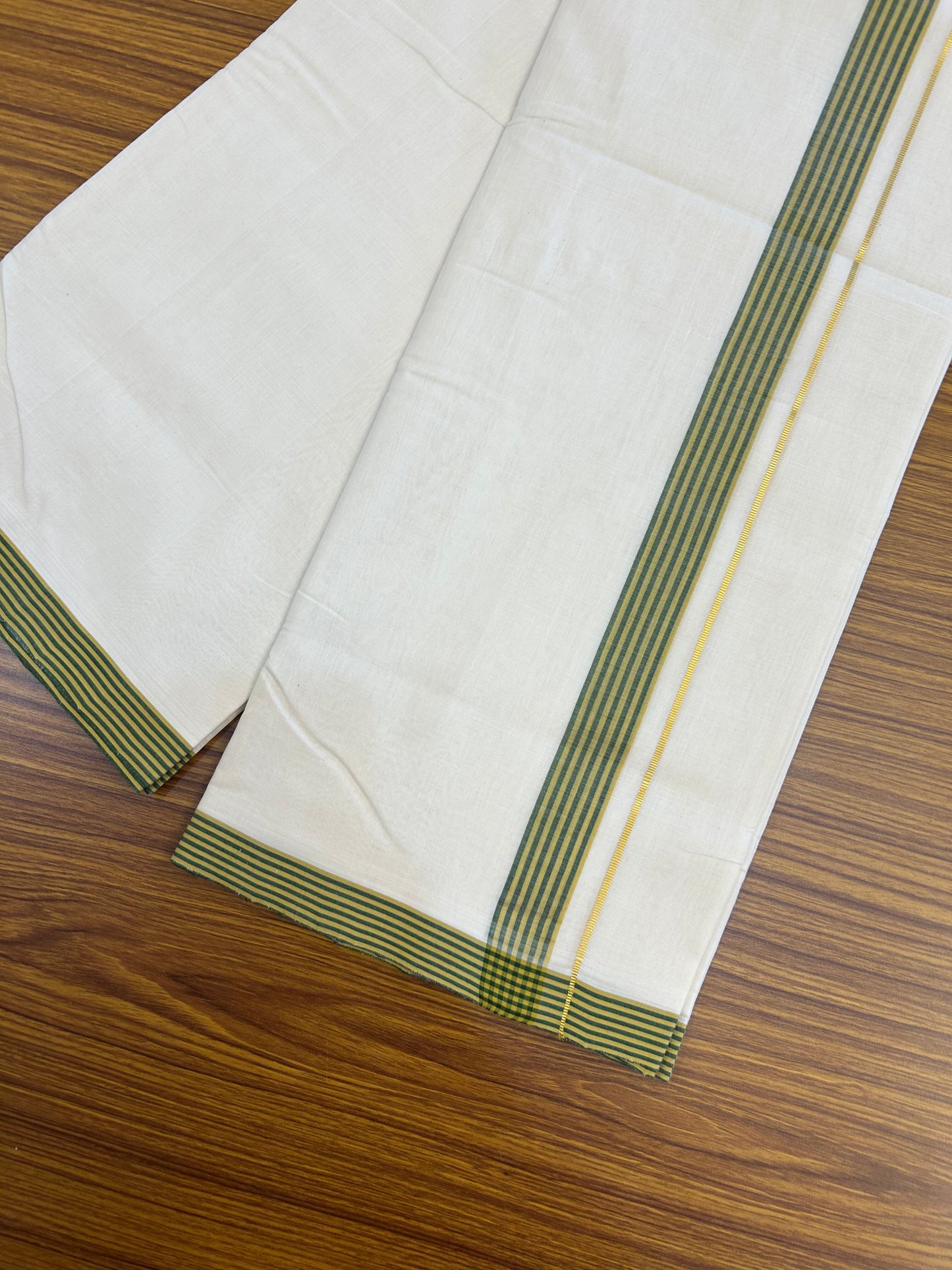 25% Discount!! KaithariKada Handloom Unakkupaav - Kerala Handloom - 100% Pure Cotton Off White (Unbleached) Double Mundu/Dothi - 100x80 - 1.25 inch Pure Jerry Gold Kasav Mustard Yellow & Green shaded Stripes Kara 3.80 mtr (8 muzham) - 34 KK5353 REA