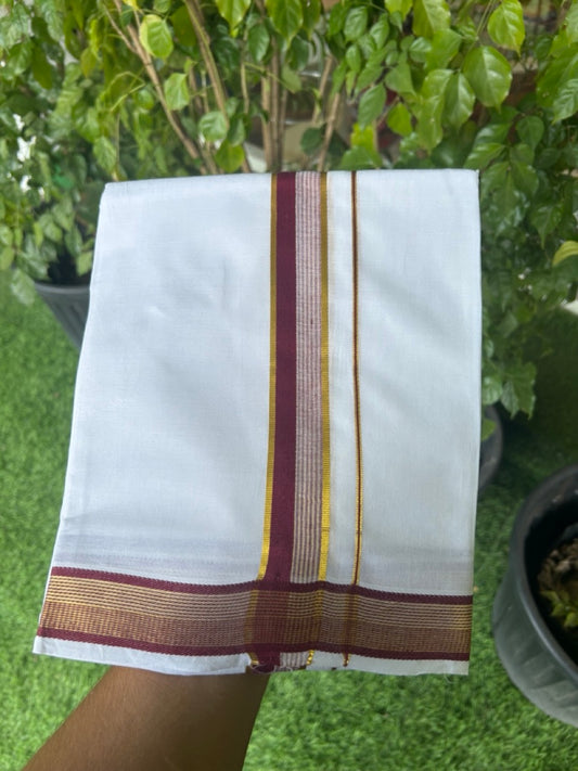16% DISCOUNT! KaithariKada Balaramapuram 100% Mercerised Cotton Double ULTRA PURE white Mundu/Dhoti - 100x100  1.25 inch Maroon & Kasavu stripes Kara - 22KK5135GAN