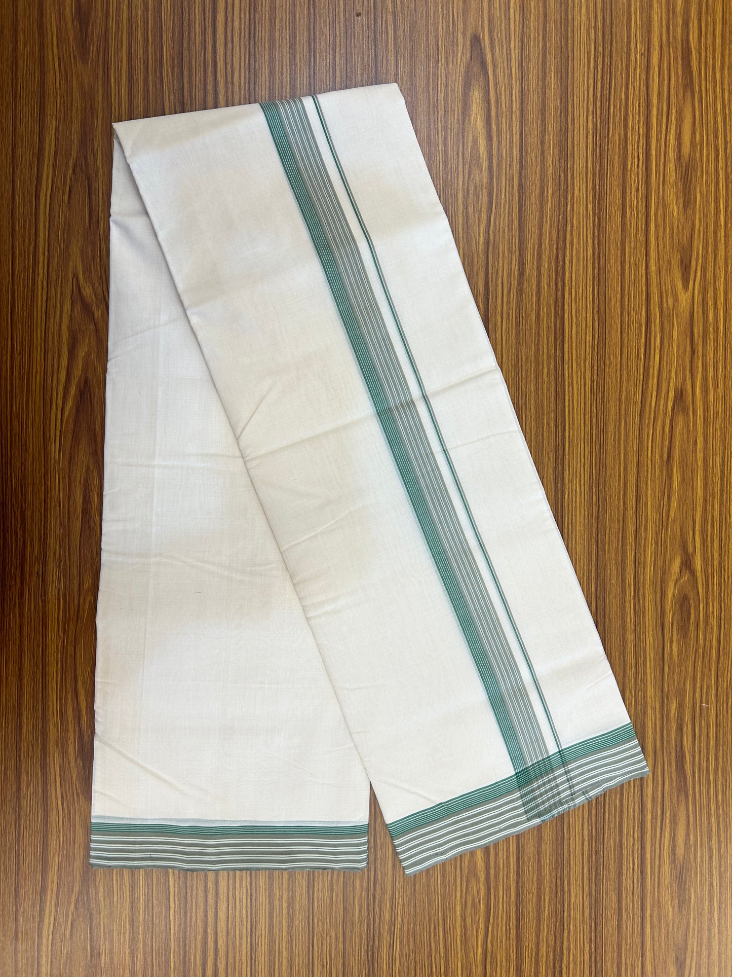 25% Discount!! KaithariKada Handloom Unakkupaav - Kerala Handloom - 100% Pure Cotton Off White (Unbleached) Double Mundu/Dothi - 100x80 - 1.25 inch Sage Green & Green shaded Kara 3.80 mtr (8 muzham) - 31 KK5353 REA