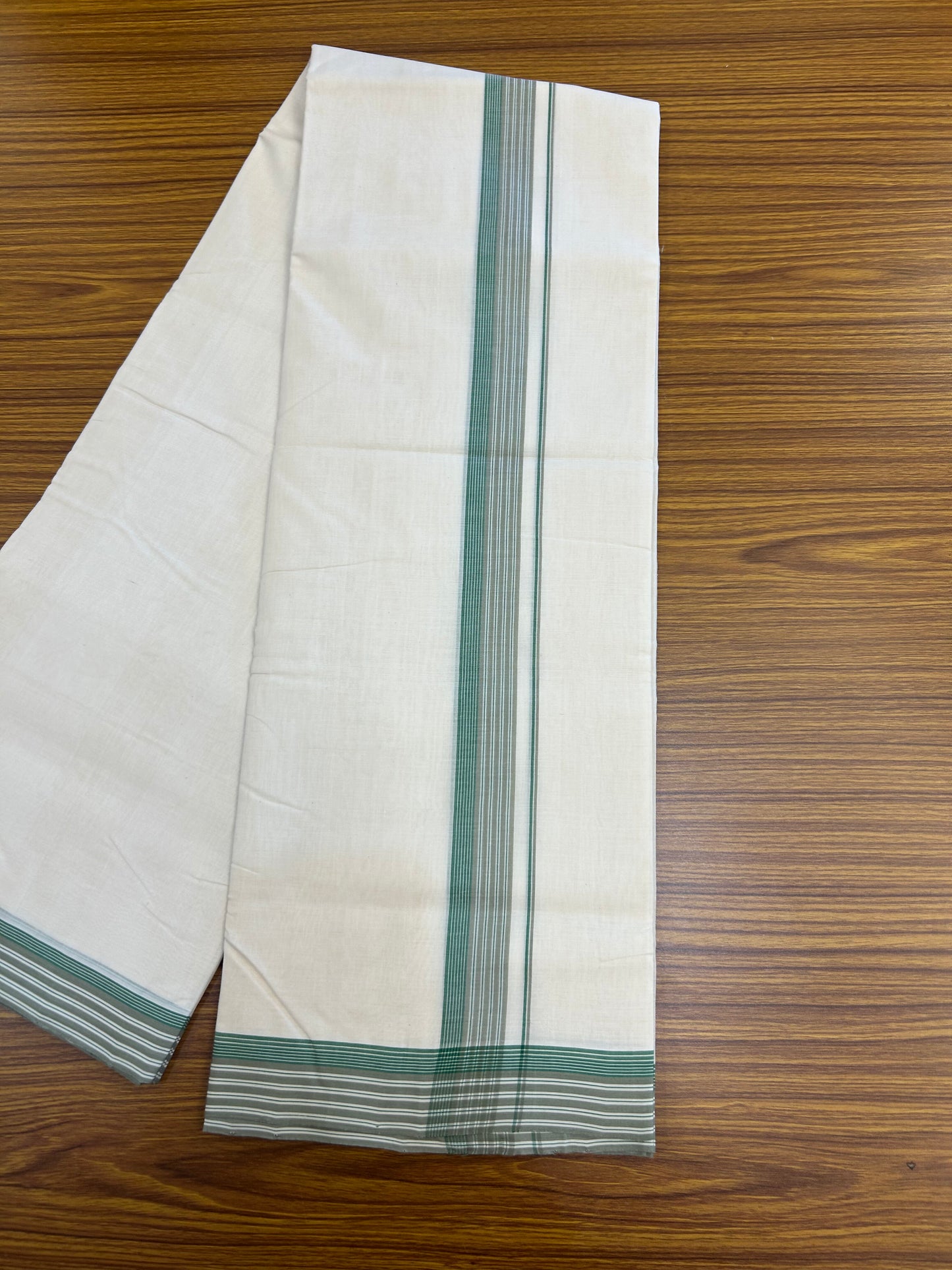 25% Discount!! KaithariKada Handloom Unakkupaav - Kerala Handloom - 100% Pure Cotton Off White (Unbleached) Double Mundu/Dothi - 100x80 - 1.25 inch Sage Green & Green shaded Kara 3.80 mtr (8 muzham) - 31 KK5353 REA