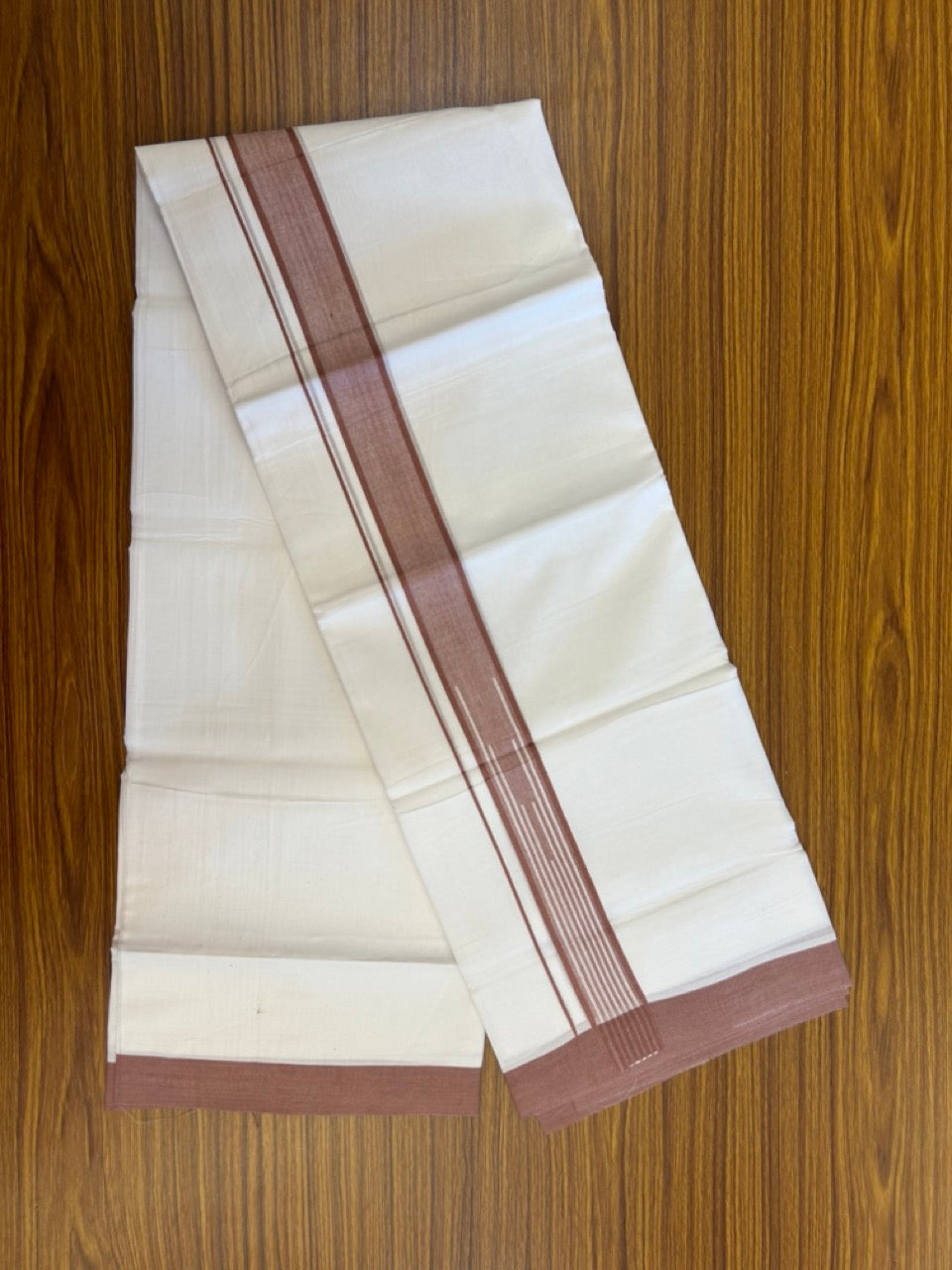 20% Discount ! Kaitharikada Balaramapuram 100% Pure Cotton Double Pure White Mundu/Dhoti - 100x80 - 1.5 inch Dusty Peach shaded white striped chutty 3.90 mtr (8.5 muzham) - 47 KK5287 PMC