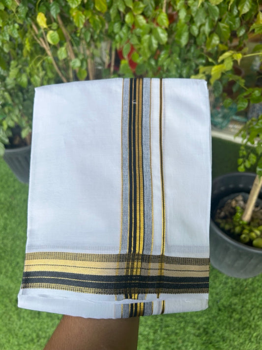 16% DISCOUNT! KaithariKada Balaramapuram 100% Mercerised Cotton Double ULTRA PURE white Mundu/Dhoti - 100x100  1.25 inch Black & Kasavu stripes Kara - 21KK5135GAN