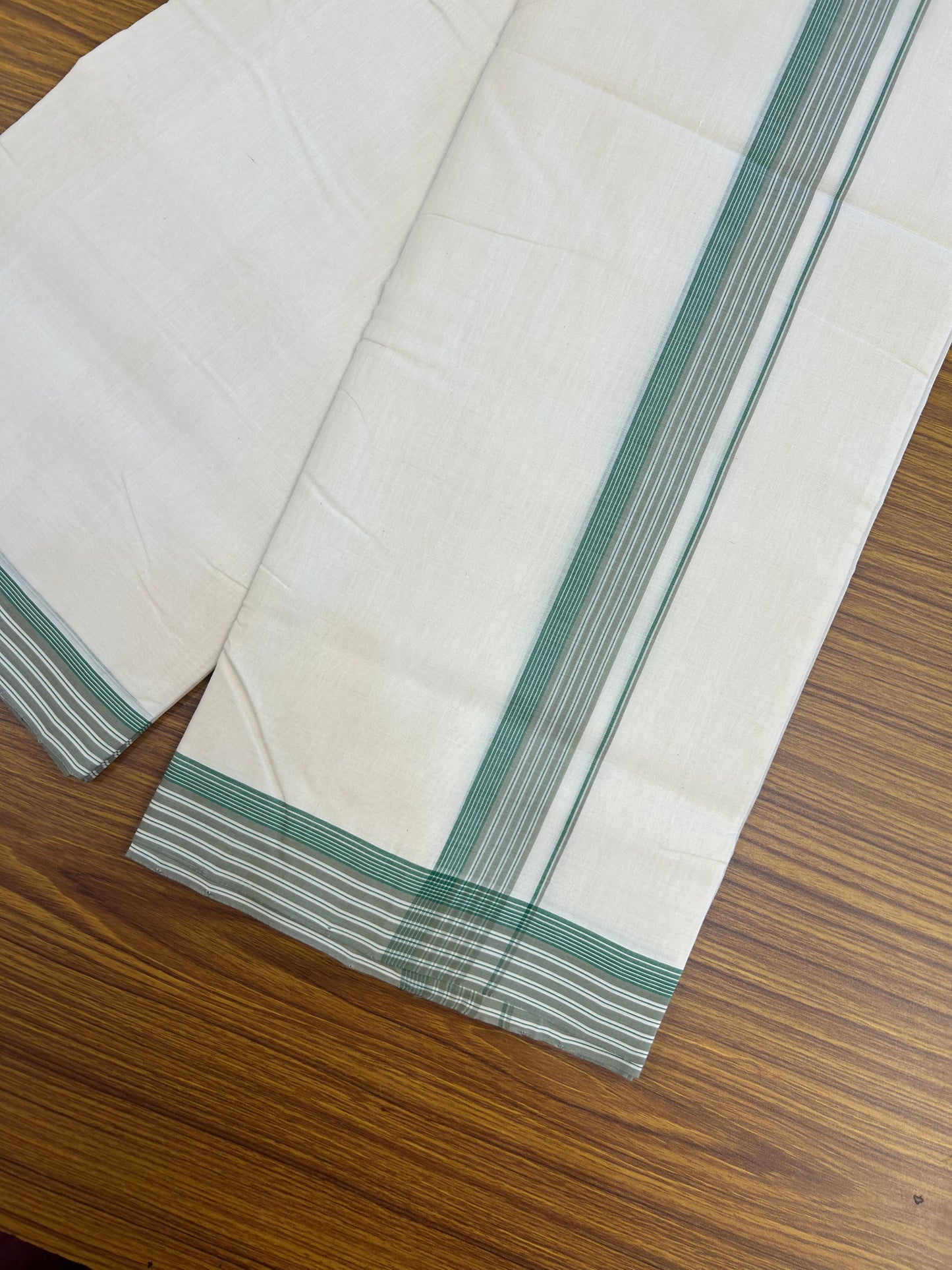 25% Discount!! KaithariKada Handloom Unakkupaav - Kerala Handloom - 100% Pure Cotton Off White (Unbleached) Double Mundu/Dothi - 100x80 - 1.25 inch Sage Green & Green shaded Kara 3.80 mtr (8 muzham) - 31 KK5353 REA