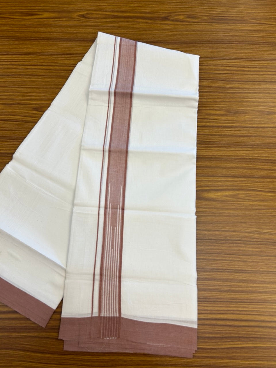 20% Discount ! Kaitharikada Balaramapuram 100% Pure Cotton Double Pure White Mundu/Dhoti - 100x80 - 1.5 inch Dusty Peach shaded white striped chutty 3.90 mtr (8.5 muzham) - 47 KK5287 PMC