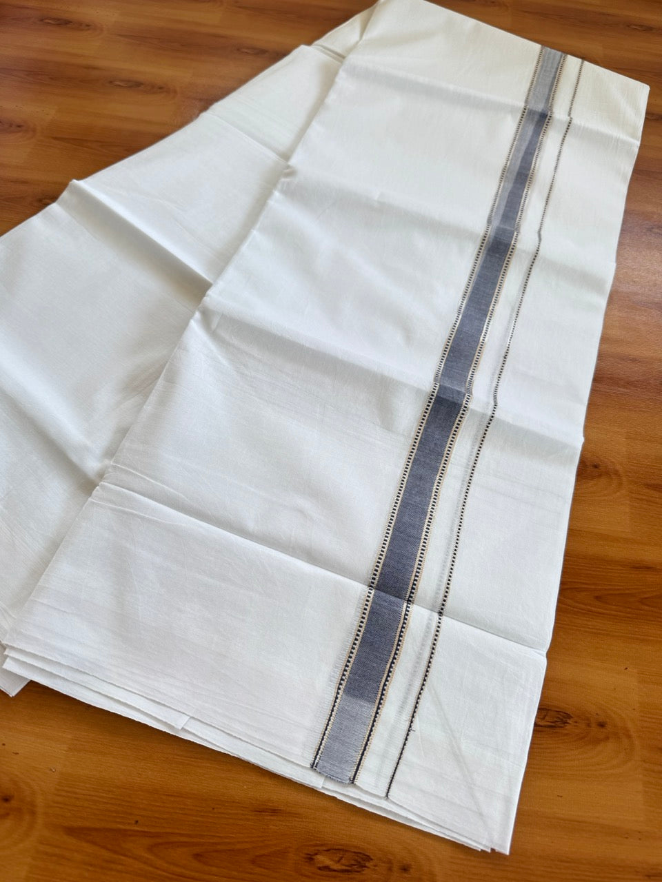 Double Pure White Mundu/Dhoti - 20% Discount !! KaithariKada Balaramapuram 100% Cotton - 100x80 - 1 Inch Puliyilakkara Silver Kasav & Navy Blue Striped Chutty Kara 3.90 mtr (8 muzham) - 2 KK5504 VAS
