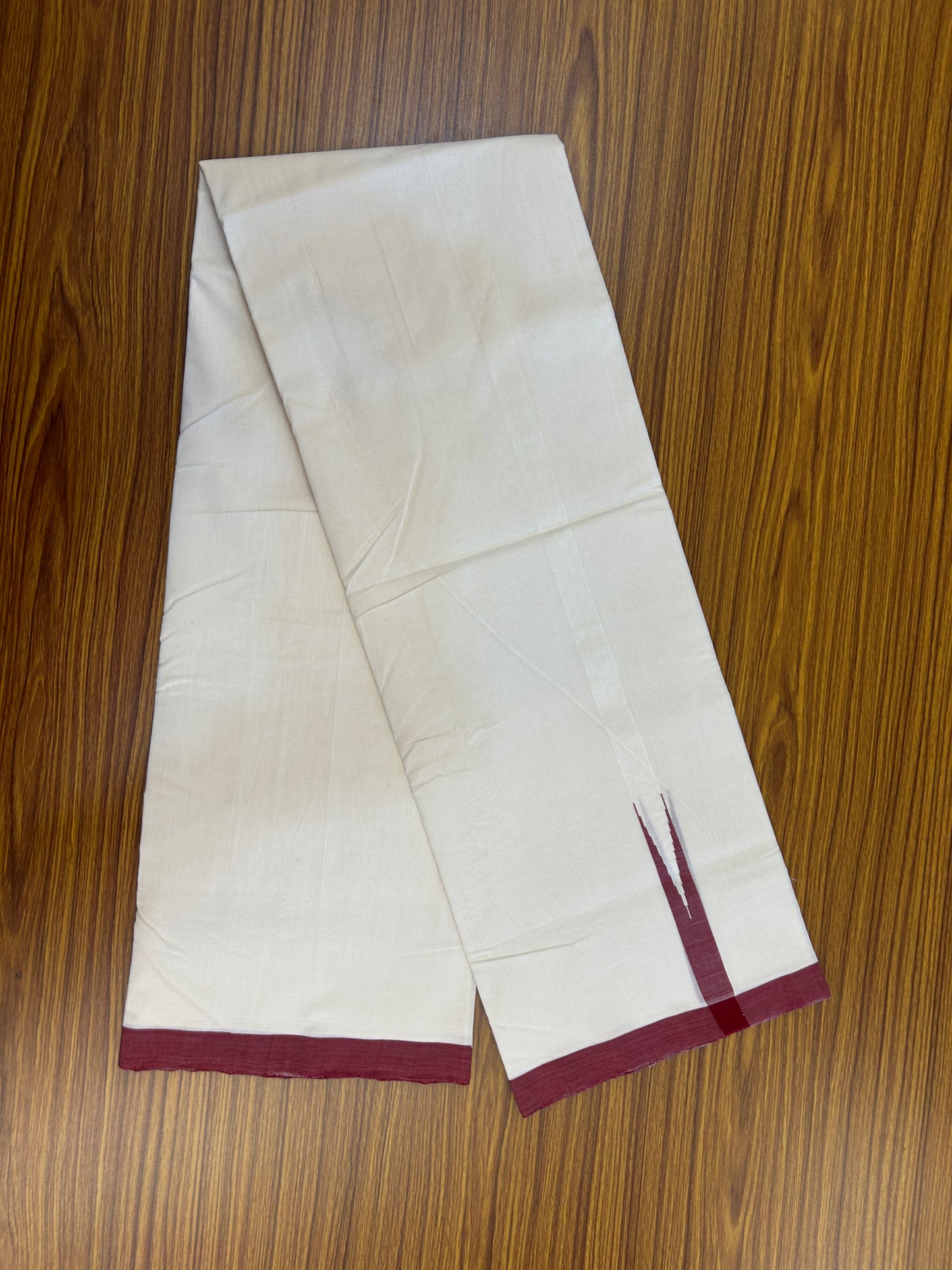 25% Discount!! KaithariKada Handloom Unakkupaav - Kerala Handloom - 100% Pure Cotton Off White - (Unbleached) Double Mundu/Dothi - 100x80 - 0.75 inch Maroon Chutty Kara 3.80 mtr (8 muzham) - 10 KK5353 REA