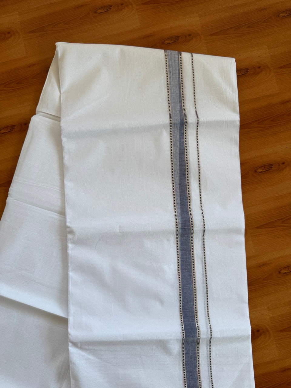 Double Pure White Mundu/Dhoti - 20% Discount !! KaithariKada Balaramapuram 100% Cotton - 100x80 - 1 Inch Puliyilakkara Silver Kasav & Navy Blue Striped Chutty Kara 3.90 mtr (8 muzham) - 2 KK5504 VAS