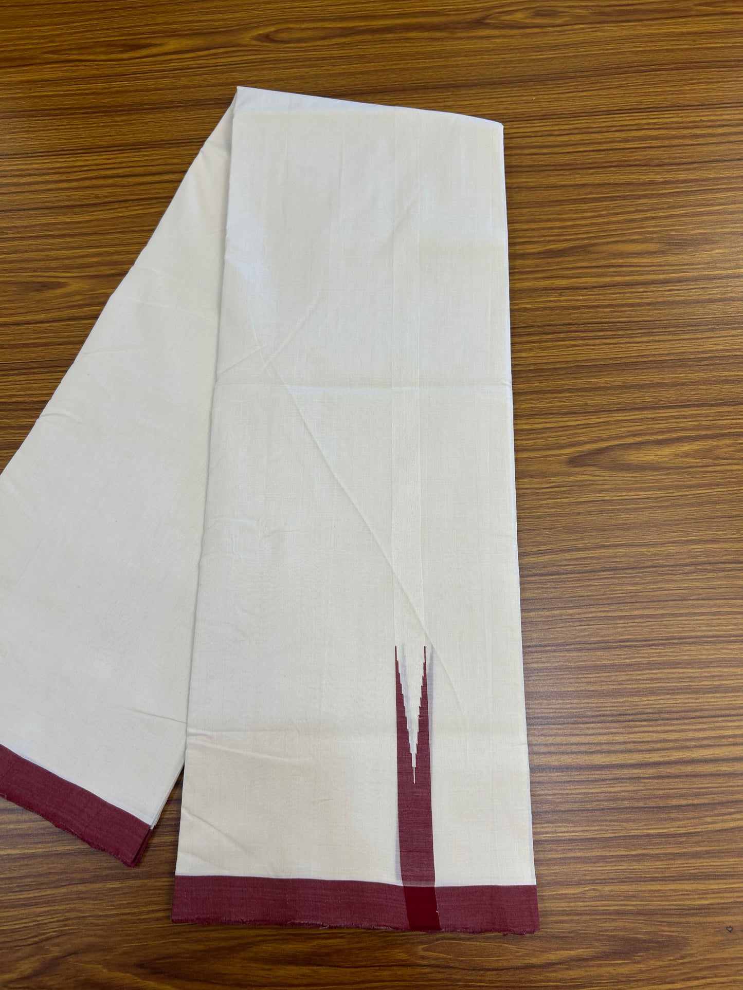 25% Discount!! KaithariKada Handloom Unakkupaav - Kerala Handloom - 100% Pure Cotton Off White - (Unbleached) Double Mundu/Dothi - 100x80 - 0.75 inch Maroon Chutty Kara 3.80 mtr (8 muzham) - 10 KK5353 REA