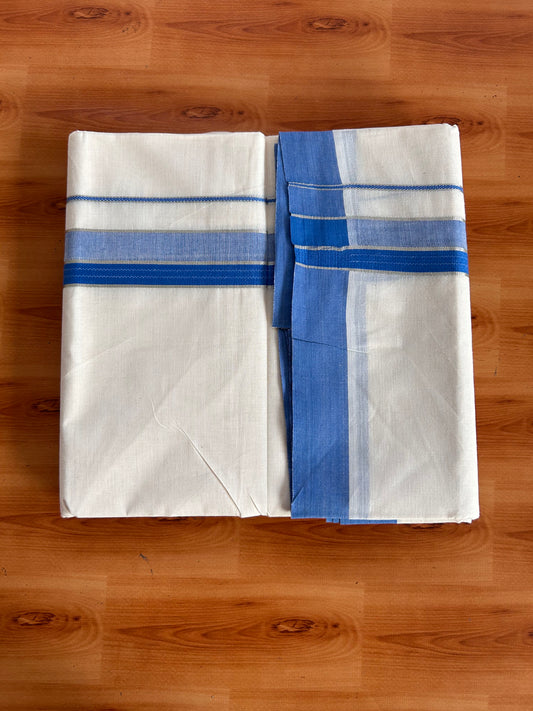 Double Off White (Unbleached) Mundu/Dhoti - 20% Discount! Kaitharikada 100% Pure Cotton - 100x80 - 1.5 inch Silver Kasav & Blue striped shaded Kara 4 mtr (8.5 muzham) - 31 KK5540 PMC