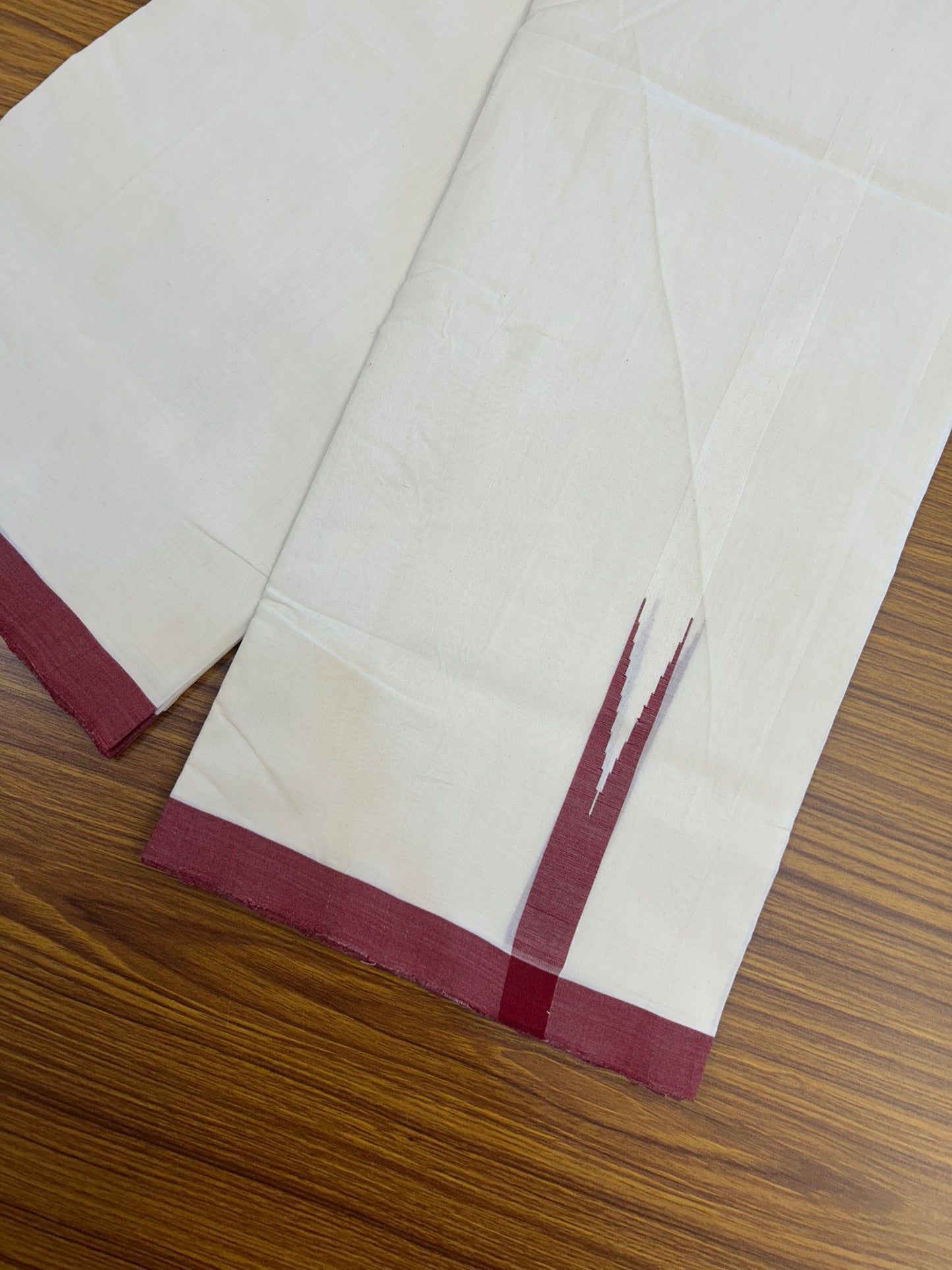 25% Discount!! KaithariKada Handloom Unakkupaav - Kerala Handloom - 100% Pure Cotton Off White - (Unbleached) Double Mundu/Dothi - 100x80 - 0.75 inch Maroon Chutty Kara 3.80 mtr (8 muzham) - 10 KK5353 REA