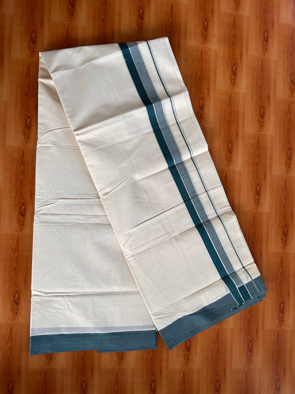 Double Off White (Unbleached) Mundu/Dhoti - 20% Discount! Kaitharikada 100% Pure Cotton - 100x80 - 1.5 inch Silver Kasav & Dark Green striped shaded Kara 4 mtr (8.5 muzham) - 28 KK5540 PMC