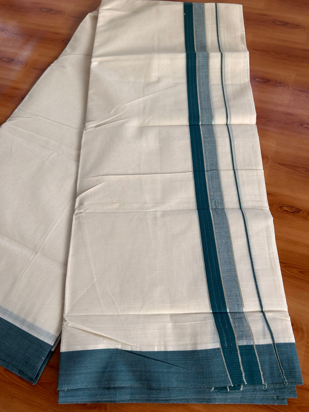 Double Off White (Unbleached) Mundu/Dhoti - 20% Discount! Kaitharikada 100% Pure Cotton - 100x80 - 1.5 inch Silver Kasav & Dark Green striped shaded Kara 4 mtr (8.5 muzham) - 28 KK5540 PMC