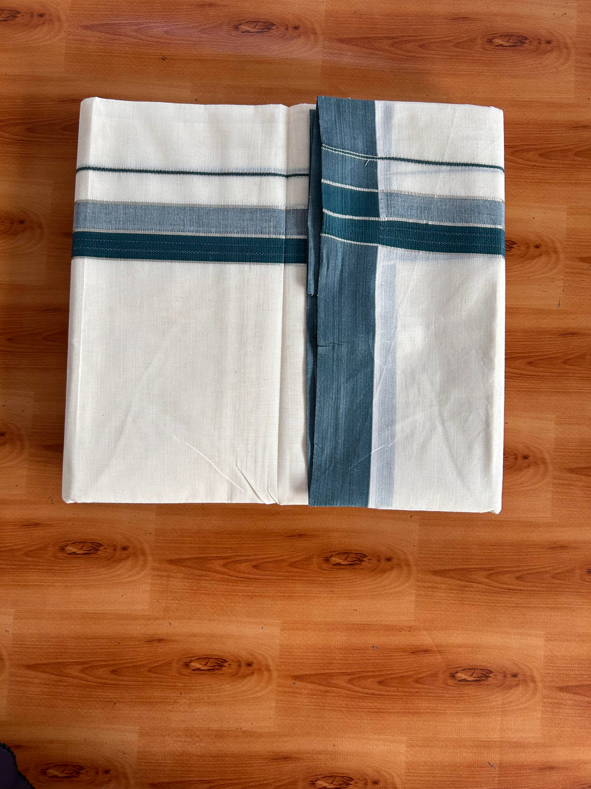 Double Off White (Unbleached) Mundu/Dhoti - 20% Discount! Kaitharikada 100% Pure Cotton - 100x80 - 1.5 inch Silver Kasav & Dark Green striped shaded Kara 4 mtr (8.5 muzham) - 28 KK5540 PMC