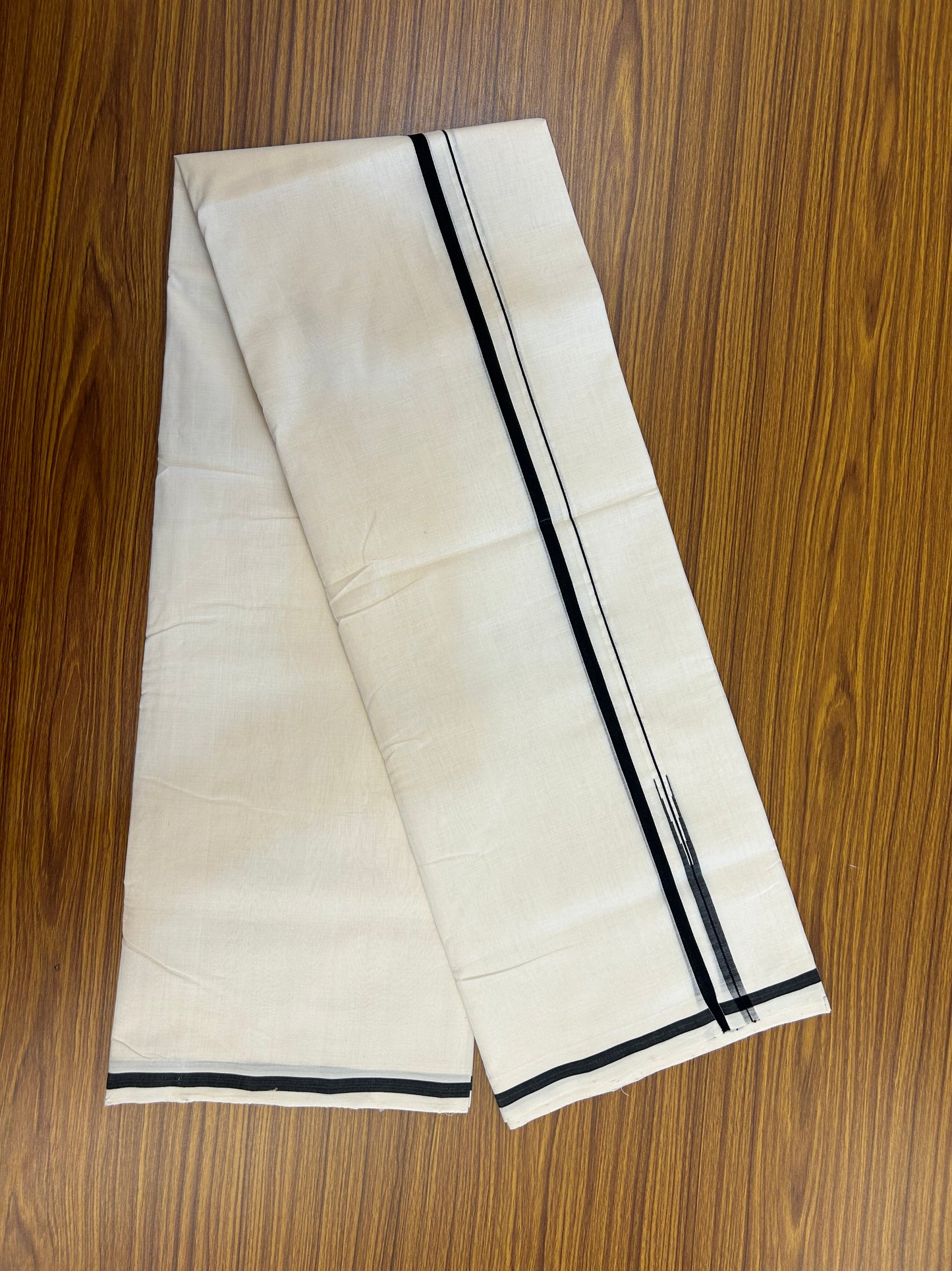 25% Discount!! KaithariKada Handloom Unakkupaav - Kerala Handloom - 100% Pure Cotton Off White (Unbleached) Double Mundu/Dothi - 100x80 - 1 cm Black Puliyilakkara Chutty Kara 3.80 mtr (8 muzham) - 35 KK5353 REA
