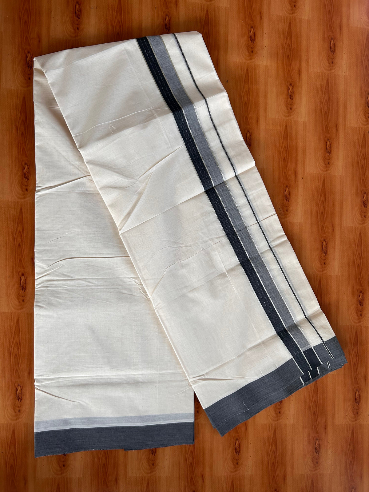 Double Off White (Unbleached) Mundu/Dhoti - 20% Discount! Kaitharikada 100% Pure Cotton - 100x80 - 1.5 inch Silver Kasav & Black striped shaded Kara 4 mtr (8.5 muzham) - 25 KK5540 PMC